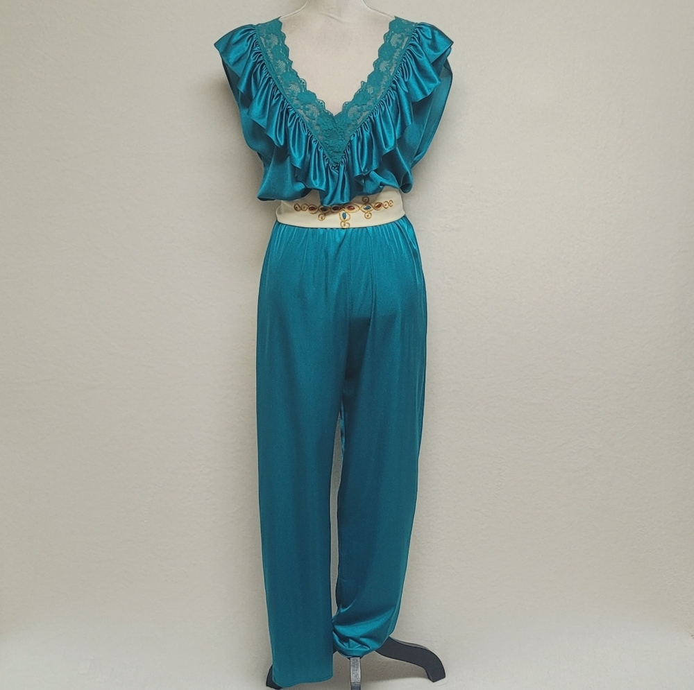 70s Vintage Lady Cameo Dallas Turquoise Lace Plunging Neckline Belted Jumpsuit M - Picture 2 of 14